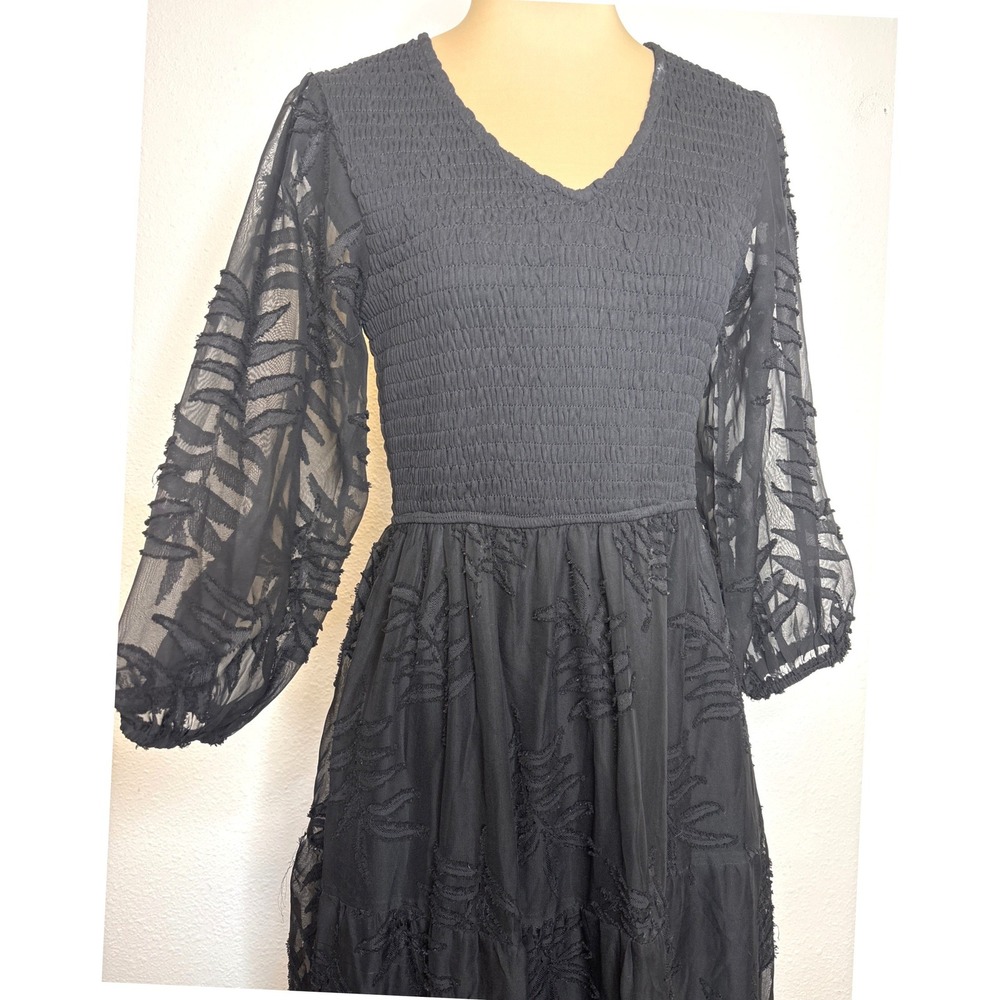 Downeast Womens Dress Smocked Embroidered Midi XS Black Whimsigoth Victorian